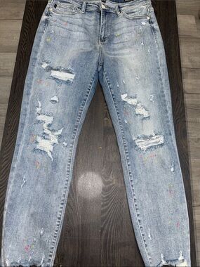 Judy Blue Light Wash Distressed Boyfriend Jeans with Multicolor Paint